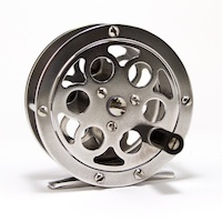 Assembled Eclectic Angler round-frame fly reel, three-quarter view